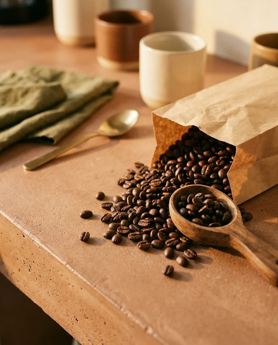 Fresh roasted coffee beans spilling from a kraft bag