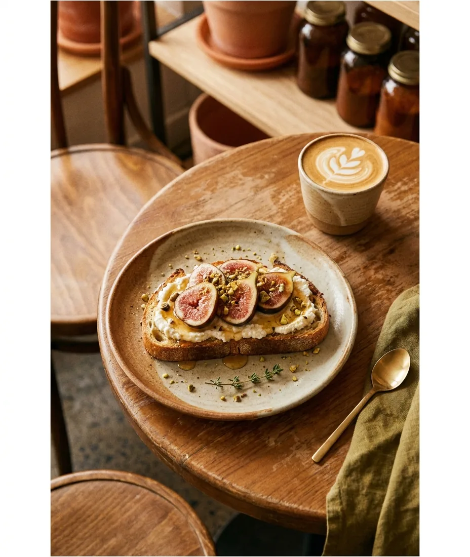 Ricotta toast with figs, honey and pistachio beside a flat white