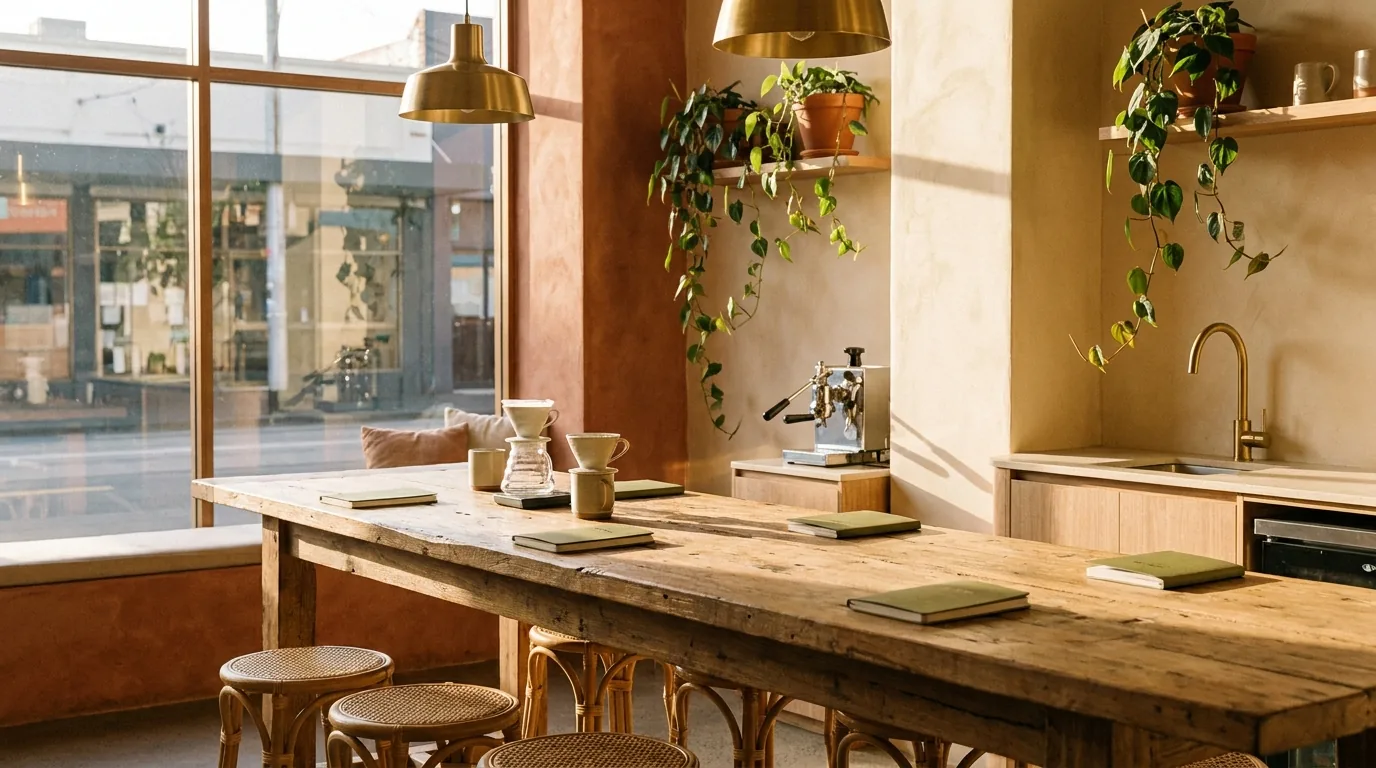 A warm Fitzroy cafe interior with timber and plants