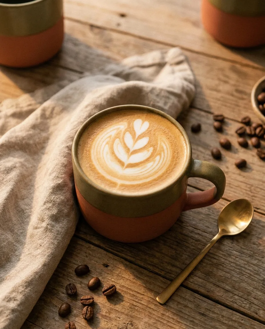 A flat white with rosetta latte art in a stoneware cup