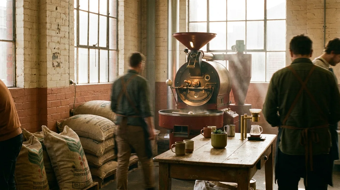 A vintage red drum coffee roaster glowing in a warm Fitzroy roastery