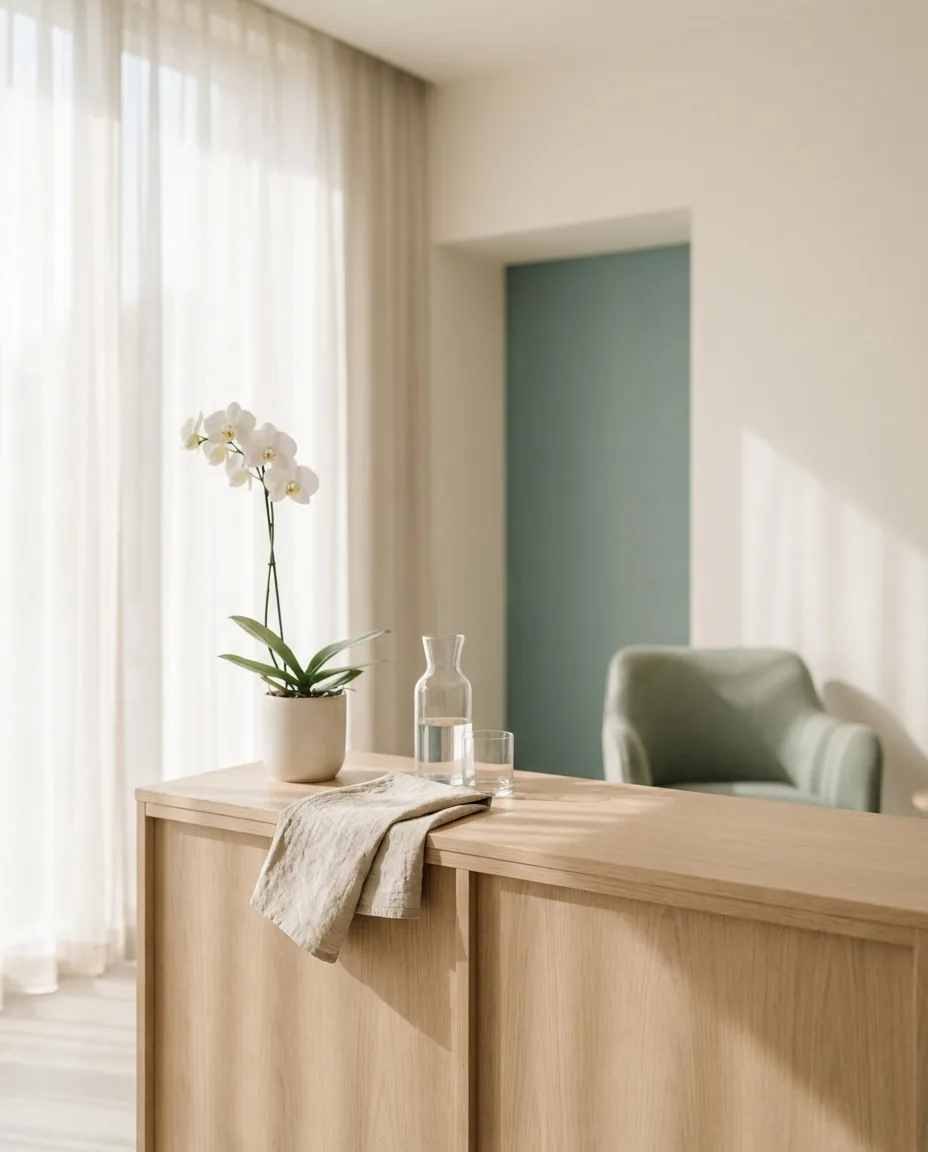 A white orchid and a carafe of water on a pale oak counter