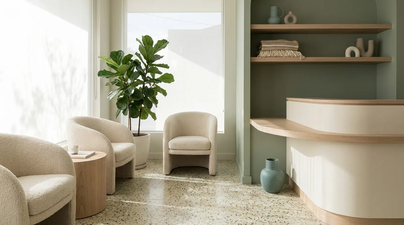 A warm minimal dental clinic reception with oak, soft seating and plants