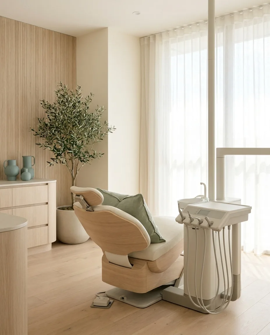 A calm modern dental treatment room in soft natural light