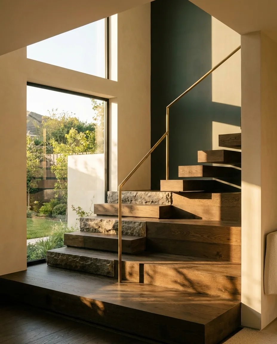 A floating oak and stone staircase beside a double-height window