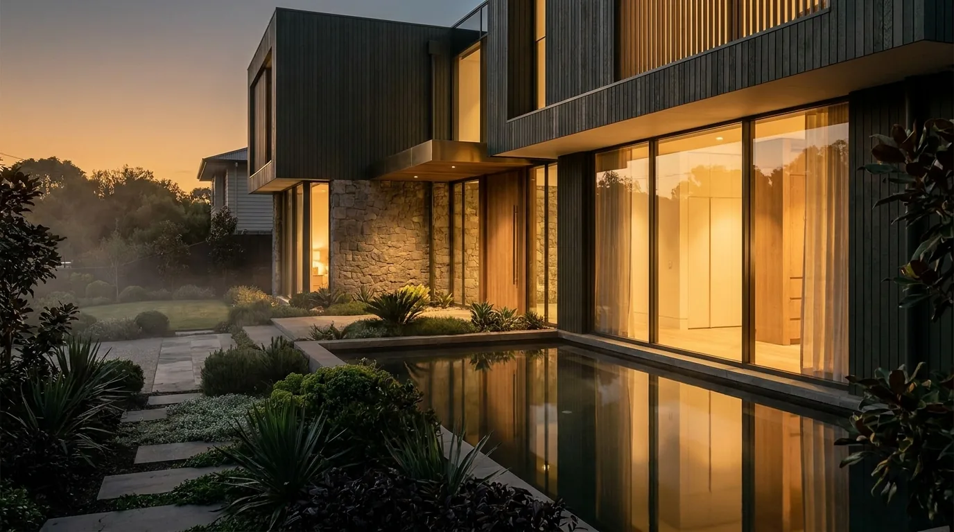 A contemporary luxury Melbourne home at golden-hour dusk with a reflection pool