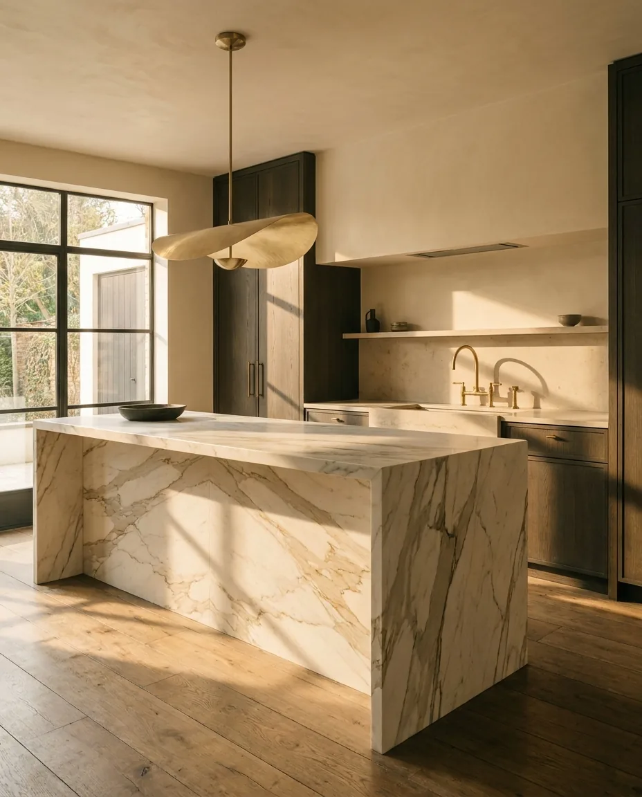 A premium kitchen with a book-matched marble island