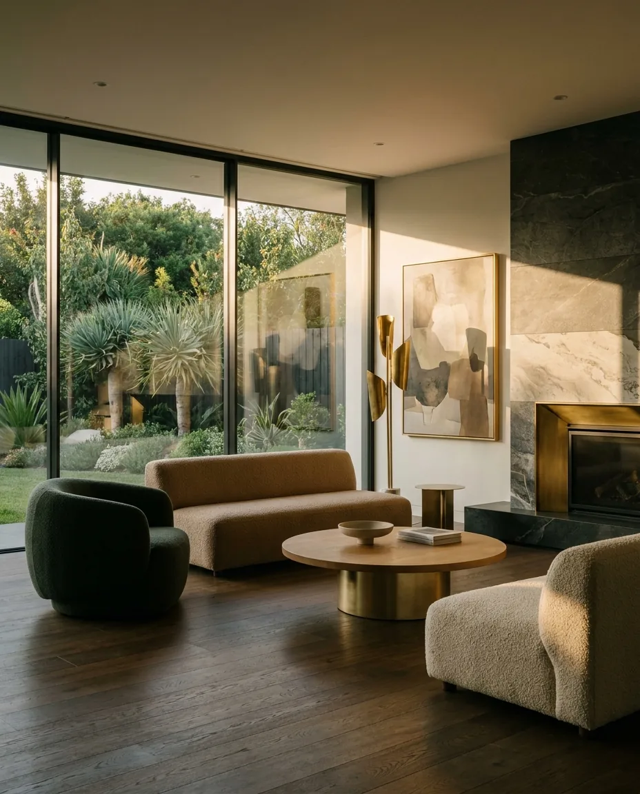 A luxurious modern living room with floor-to-ceiling glass