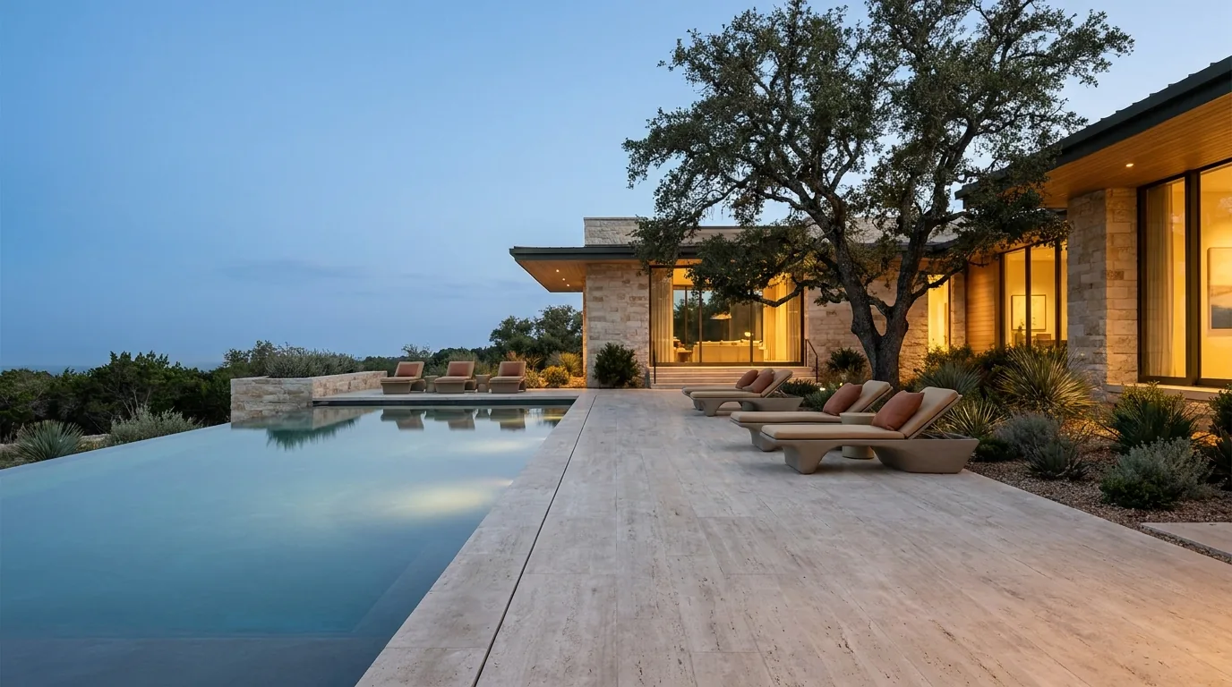 An architectural infinity pool and terrace at dusk