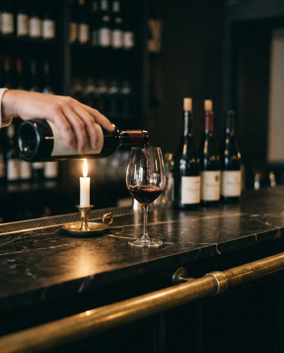 A glass of red wine poured at the marble bar, brass rail and candlelight