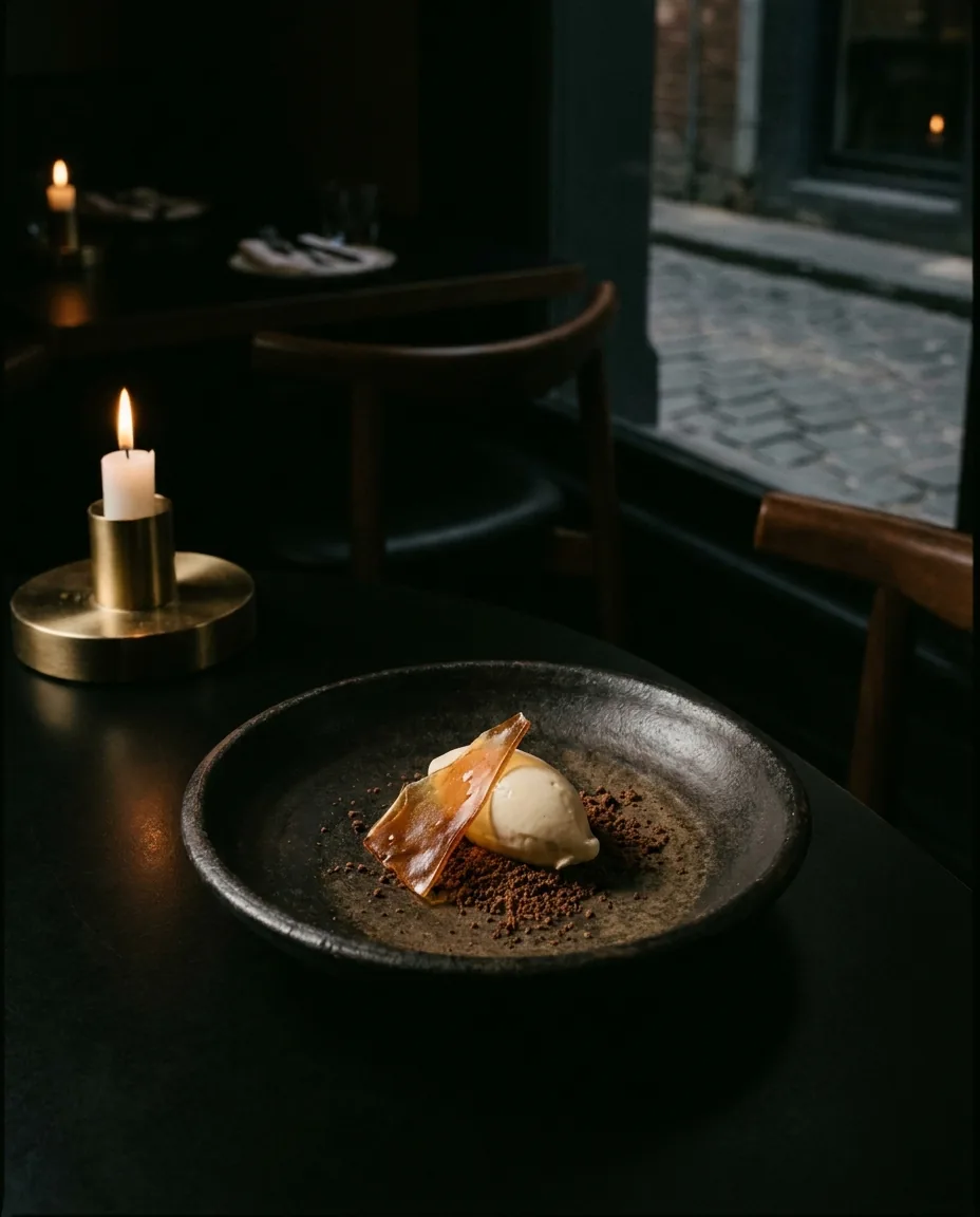 Plated vanilla gelato with caramel shard on dark ceramic