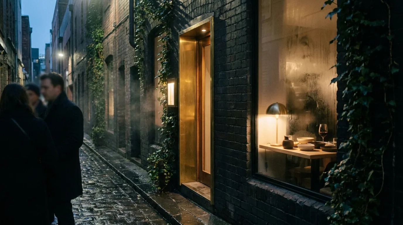 A Carlton bluestone laneway at dusk, warm glow from an unmarked doorway