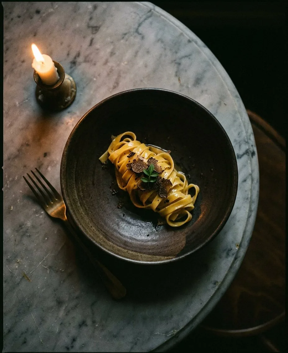 Tagliatelle with cultured butter and shaved winter truffle on dark ceramic