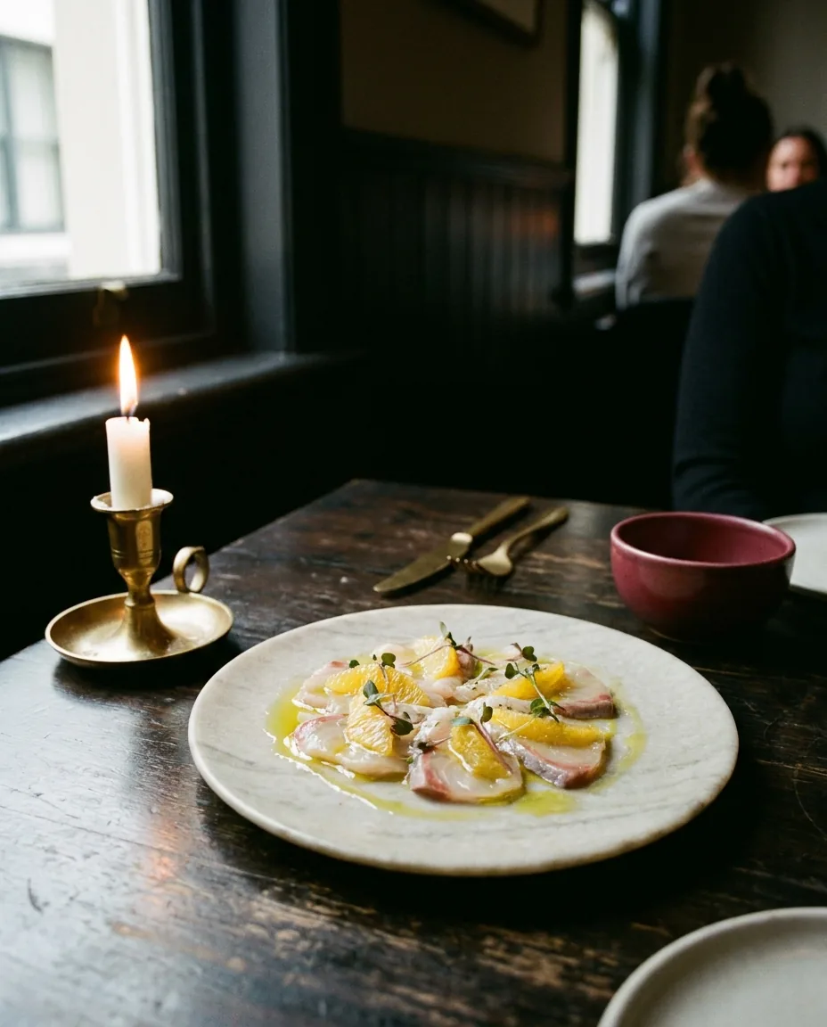 Kingfish crudo plated with citrus on pale stone