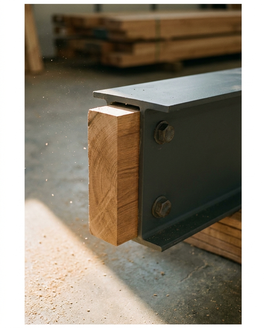 Close-up of a powder-coated steel beam bolted into fresh dressed hardwood, grain catching warm side light.