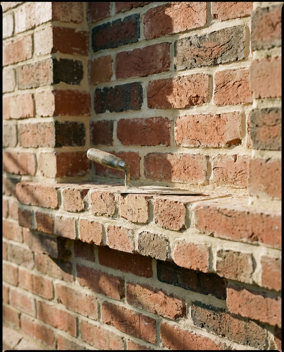 Restored Victorian brickwork mid-renovation: salvaged red brick matched to original with a fresh lime-mortar line and a trowel resting on the course.