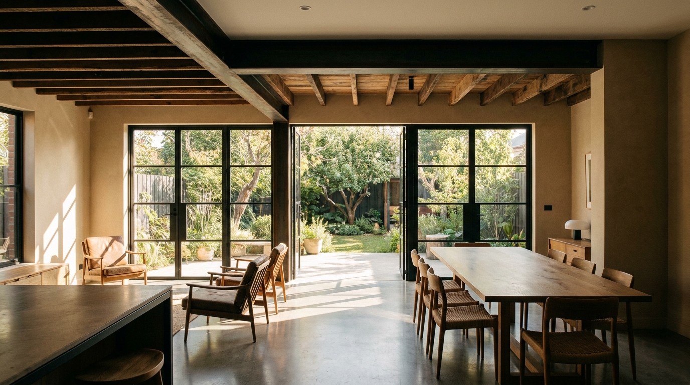 Completed open-plan rear extension interior: polished concrete floor, exposed steel and recycled-timber beams, steel-framed glazing onto a leafy inner-north garden in late-afternoon sun.