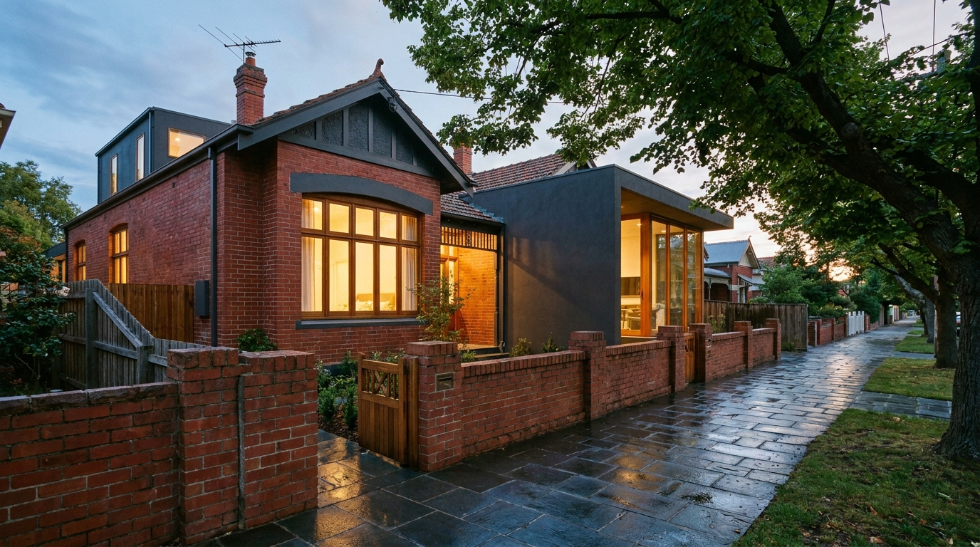 Finished Melbourne home renovation at dusk: a restored Edwardian front joined to a crisp modern rendered addition, warm interior lights glowing, wet bluestone footpath reflecting the last light.