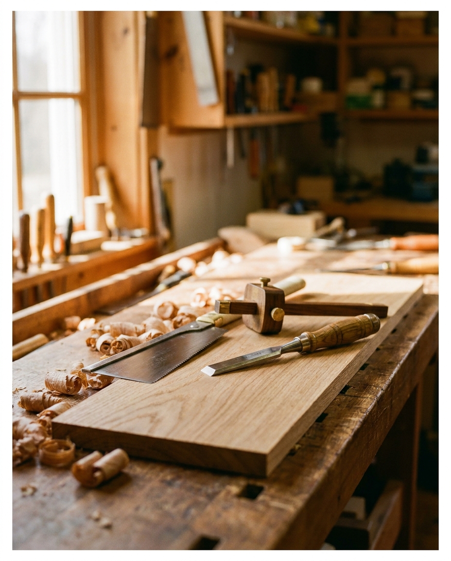A Japanese pull saw, a marking gauge and a sharpened chisel resting on a freshly planed length of American oak, plane shavings beside them in warm window light.