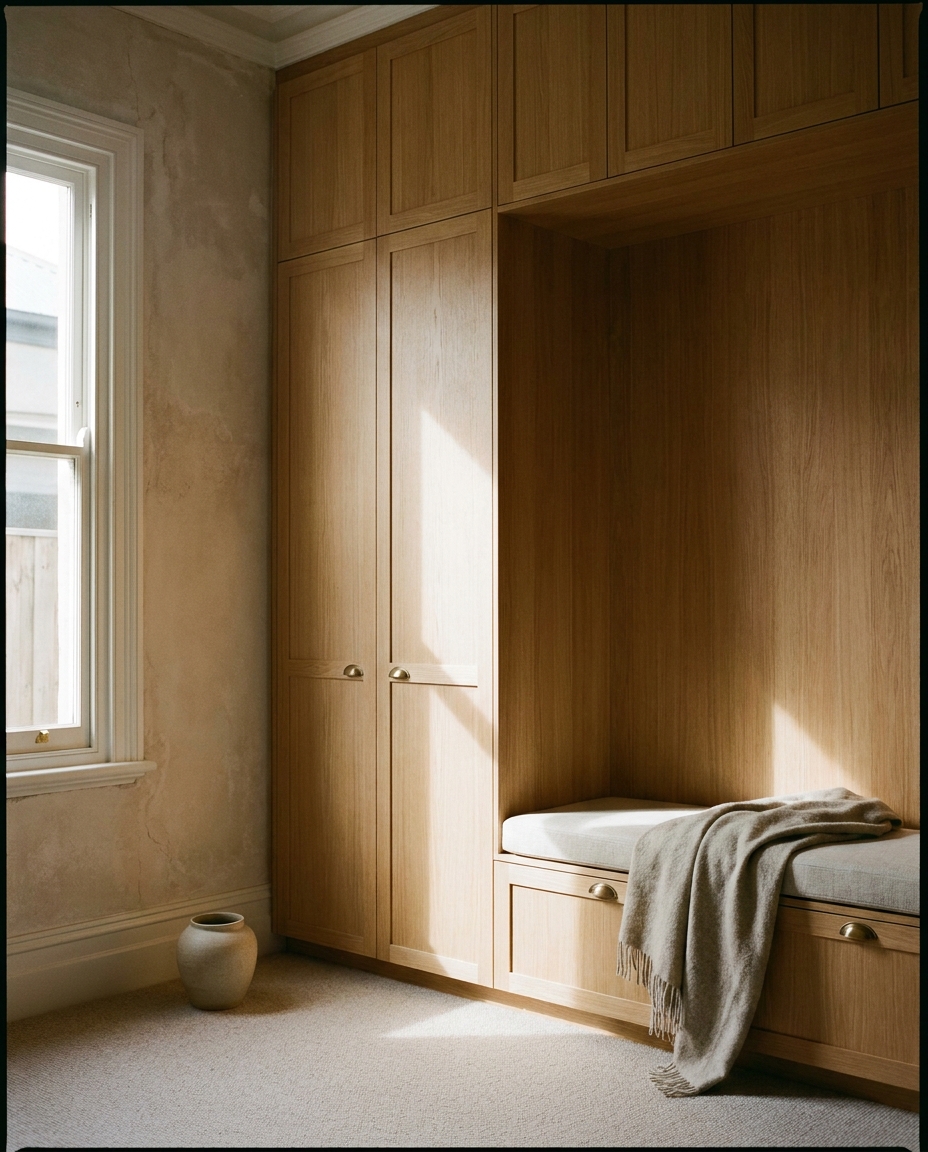 A finished floor-to-ceiling built-in oak wardrobe and window seat in a renovated Fitzroy terrace, flush shaker doors scribed to an old plaster wall, brass cup handles.