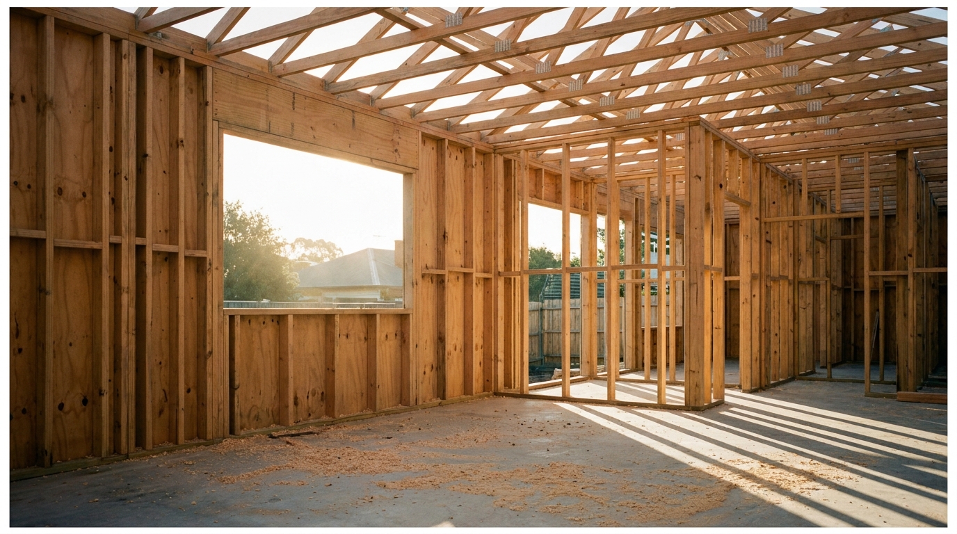 A newly framed open-plan extension in a Melbourne renovation, clean pine wall framing and exposed roof trusses, light pouring through a future window opening onto sawdust on the slab.