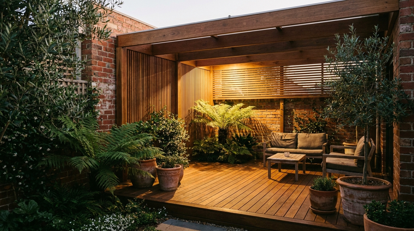 A completed timber-clad pergola and hardwood deck at dusk in a Hawthorn courtyard, spotted gum glowing under low warm light, batten screen casting striped shadows.