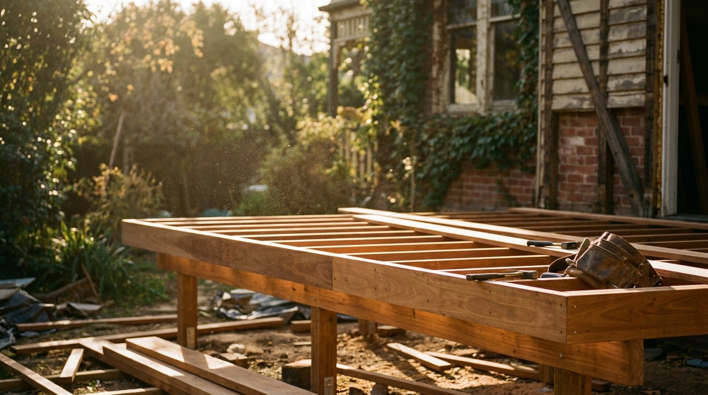 A half-built hardwood deck at golden hour in a leafy Melbourne backyard, fresh spotted gum bearers casting long shadows, fine sawdust hanging in the low sun.