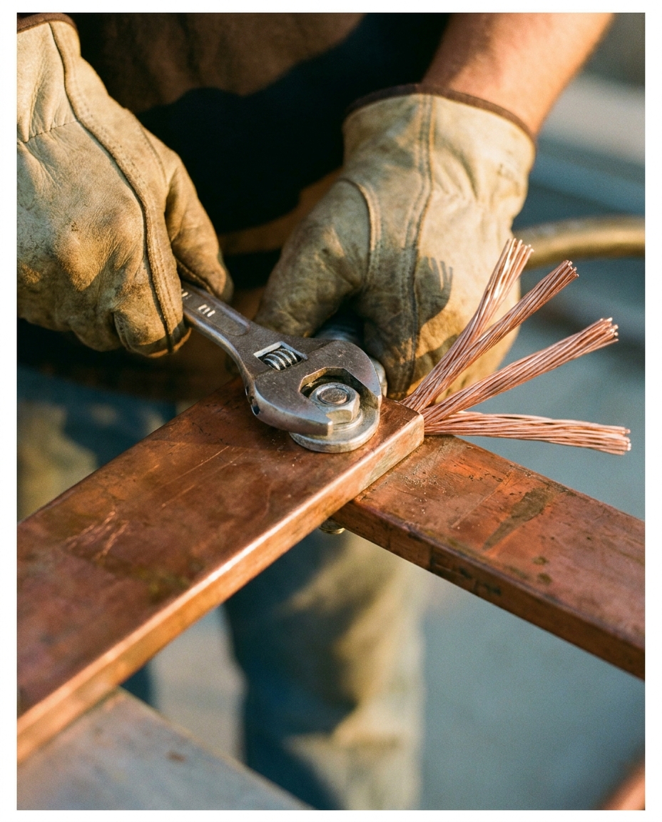 Gloved electrician's hands torquing a cable lug onto a copper busbar, frayed copper conductor strands fanned out, warm light