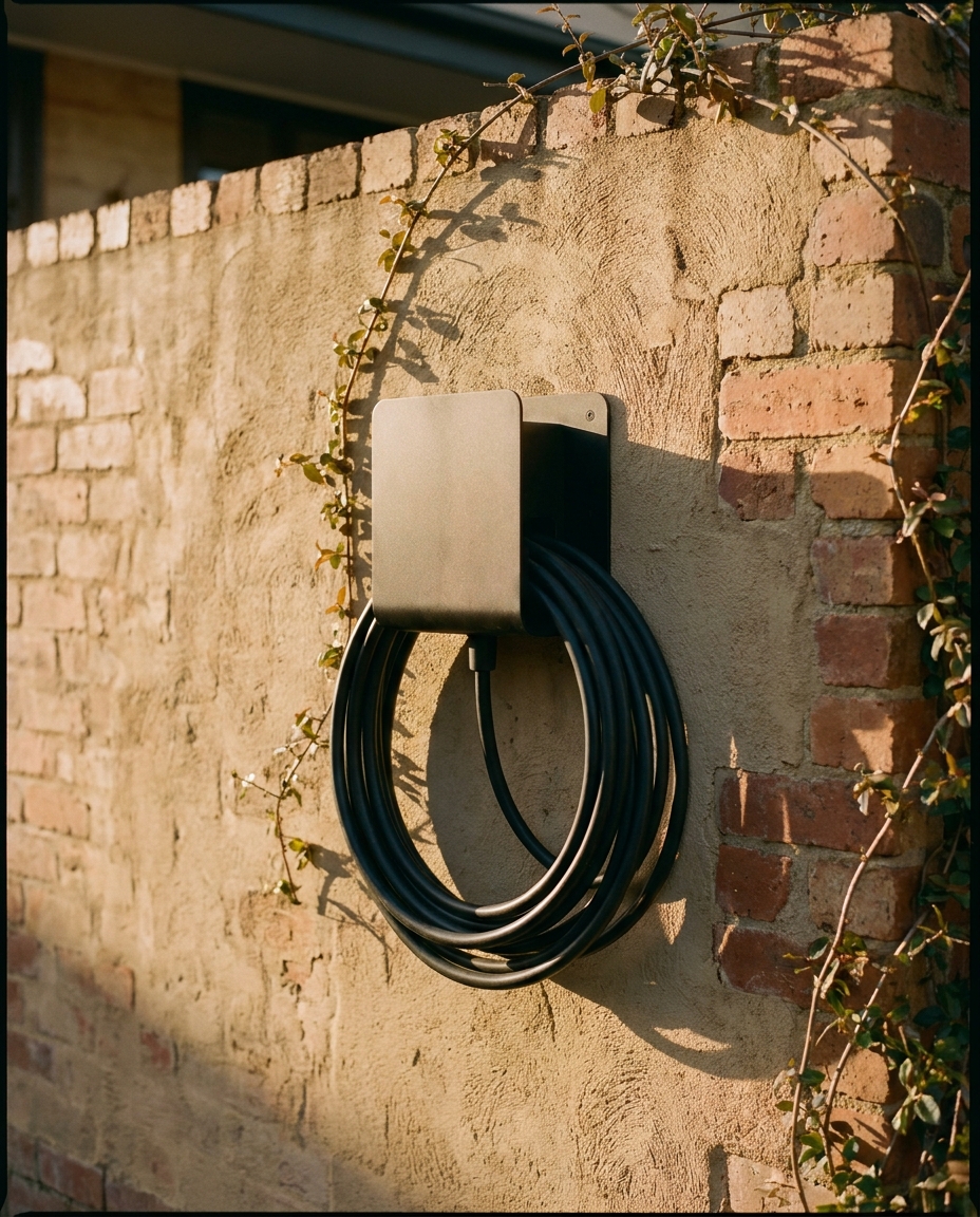 A wall-mounted home EV charger newly installed on a rendered brick wall, neat conduit run
