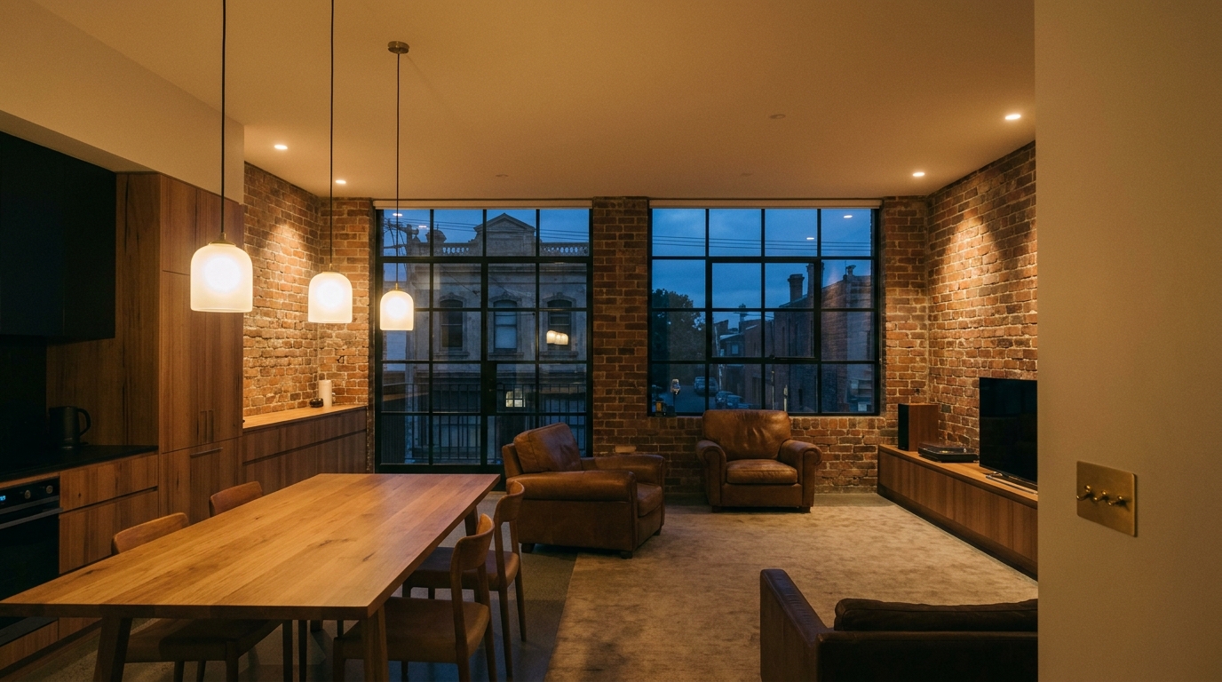 Warm pendant and downlighting across an open-plan Fitzroy warehouse renovation at dusk, exposed brick, steel windows and leather chairs