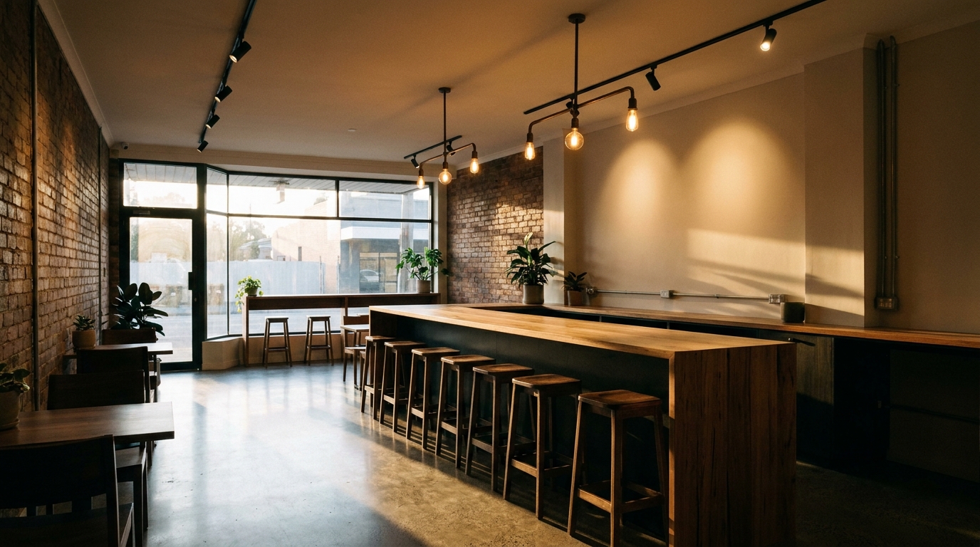 A finished Brunswick café fit-out with warm Edison track lighting over a timber bar, exposed brick and polished concrete at golden hour