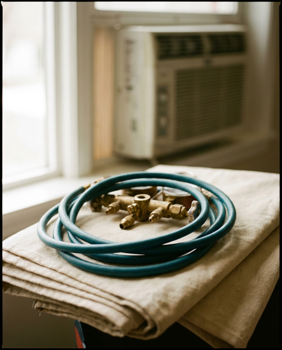 A refrigeration gauge manifold set resting on a folded clean drop sheet, brass fittings and teal hoses in soft window light.