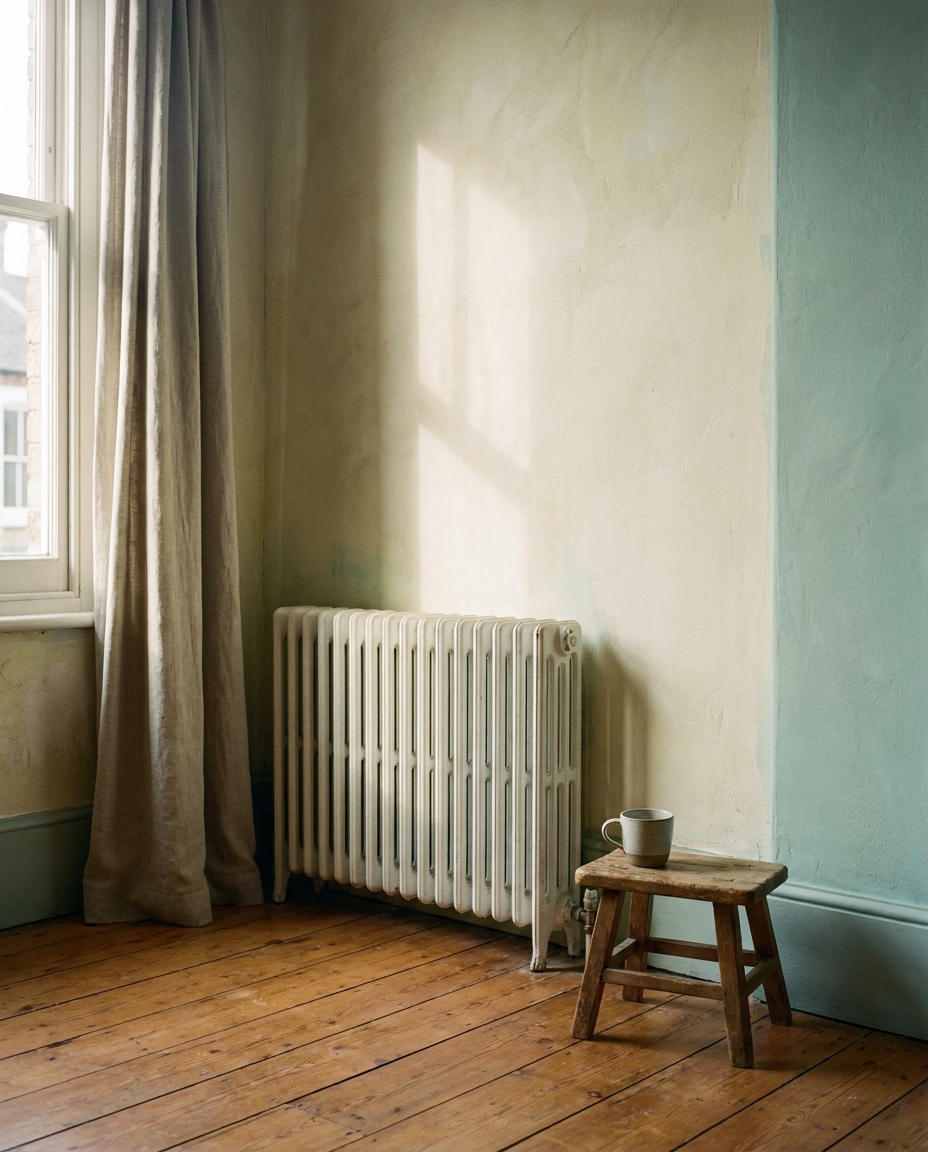 A single white panel radiator mounted low on a lime-washed wall in a restored Carlton terrace, warm morning light on the floorboards.