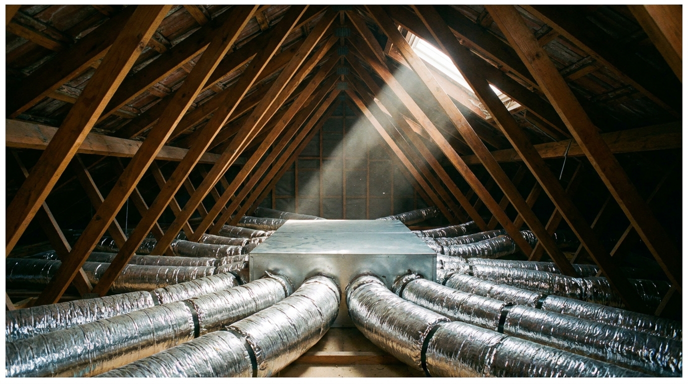 Inside a Melbourne roof space mid-install: balanced flexible ducting fanning out from a central plenum, daylight catching dust in the air.