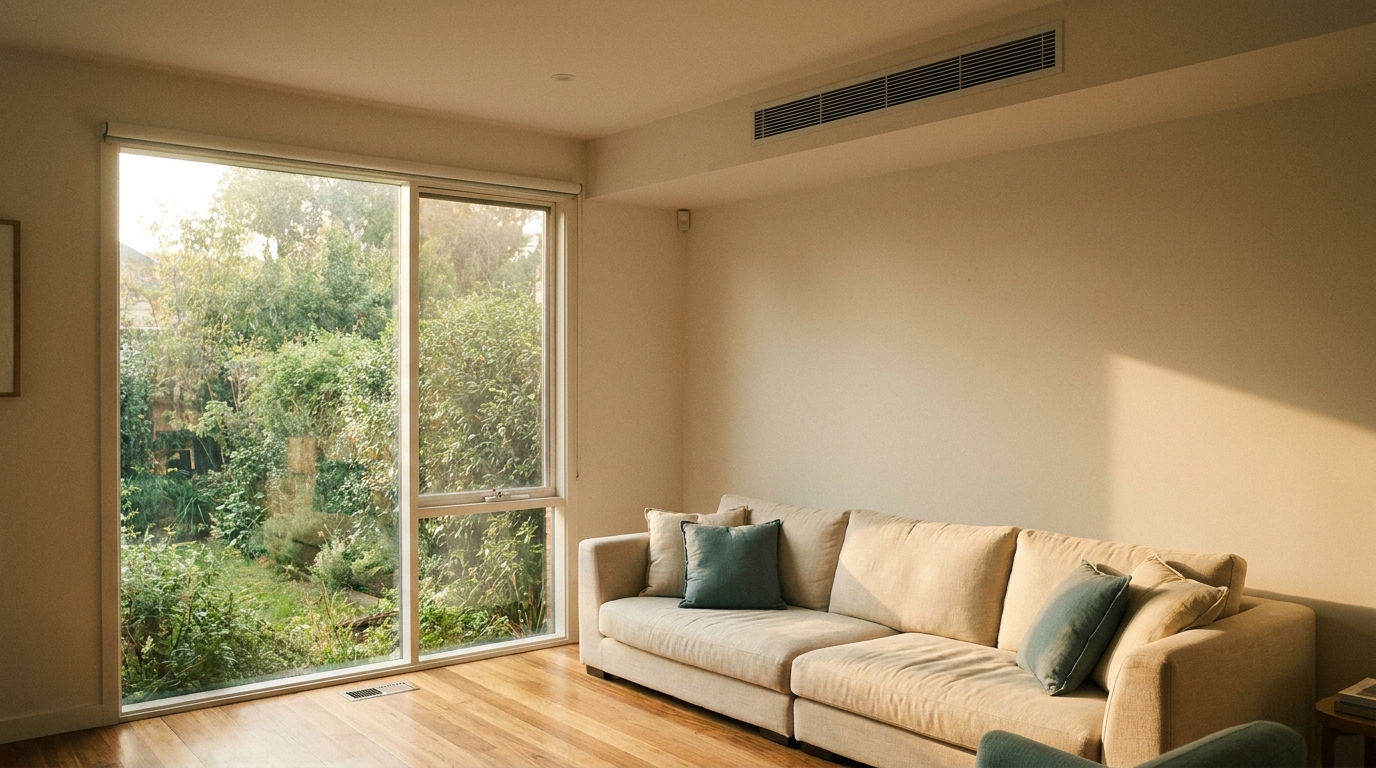 A calm open-plan Hawthorn living room at golden hour with a discreet ducted vent set flush into the ceiling.