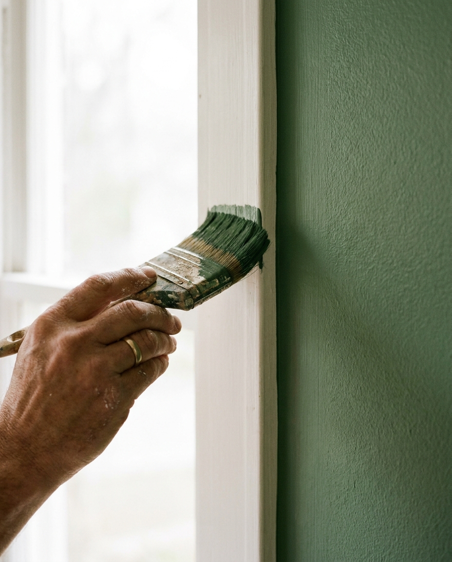 Painter's hand cutting a straight line where a deep heritage-green wall meets white trim
