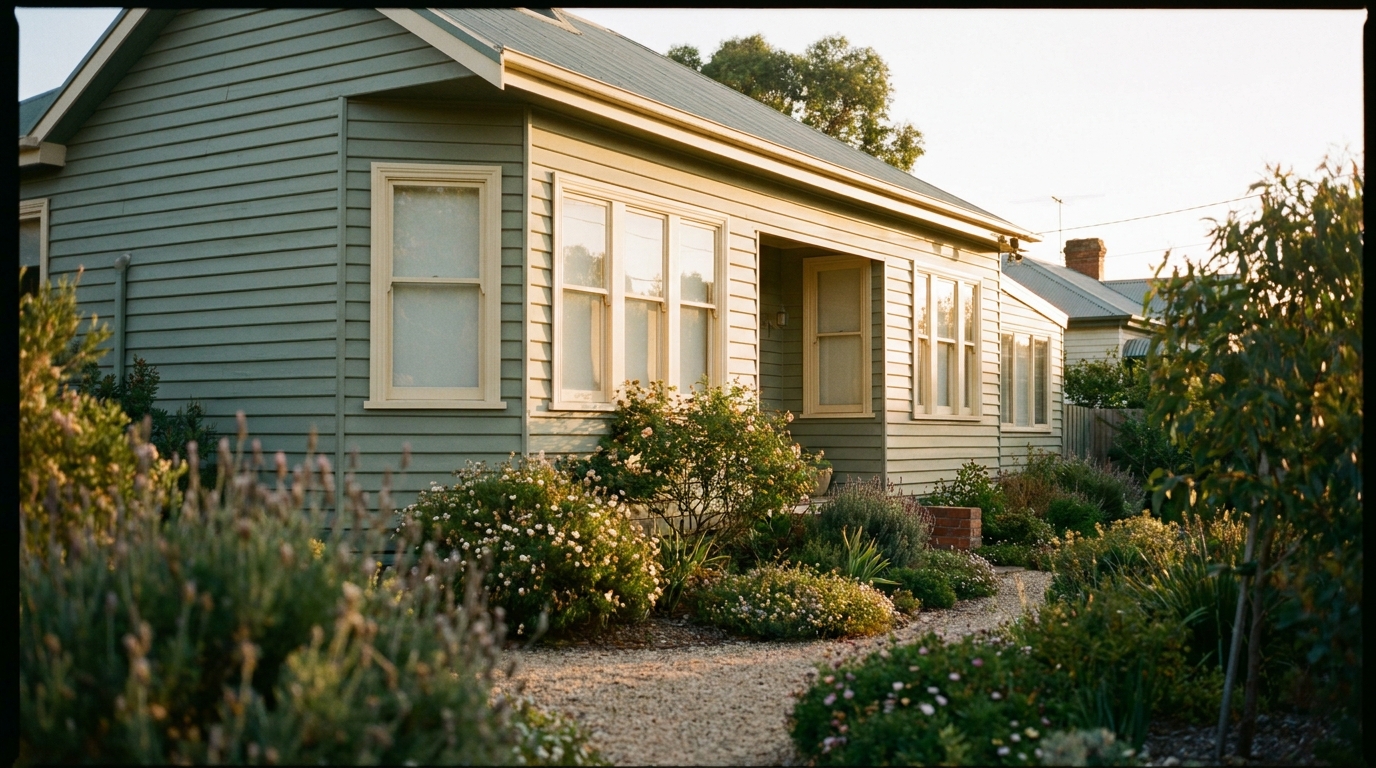 Weatherboard cottage exterior freshly repainted in muted sage with cream trim, golden-hour light