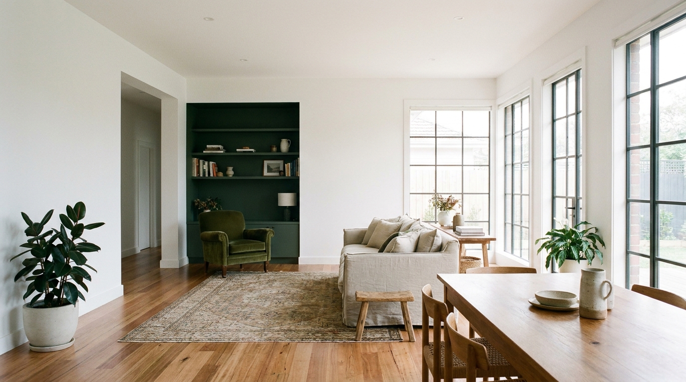 Finished open-plan living room after a full repaint, white walls with a single deep-green alcove