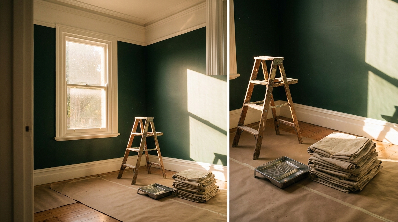 A sunlit Victorian-era interior mid-repaint, deep-green feature wall and crisp white cornice