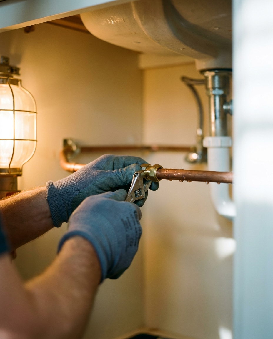 Gloved hands tightening a polished brass compression fitting onto a copper hot-water line under a sink, a cage work-lamp glowing alongside