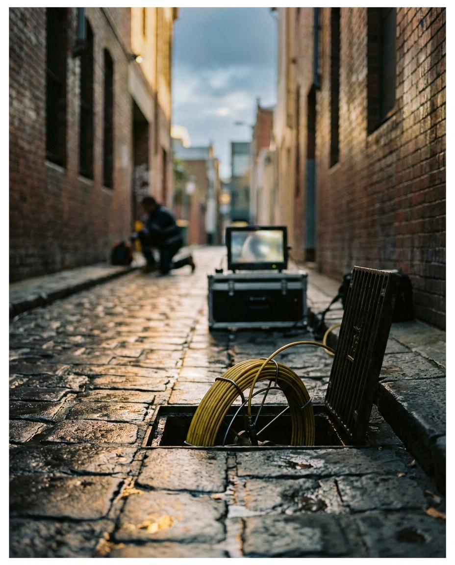 A CCTV drain camera and yellow cable feeding into an open inspection point on a wet Melbourne bluestone laneway at dusk