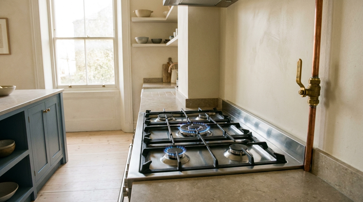 A stainless gas cooktop lit with low blue flames, a copper gas line and brass isolation valve running up the wall in a shaker kitchen