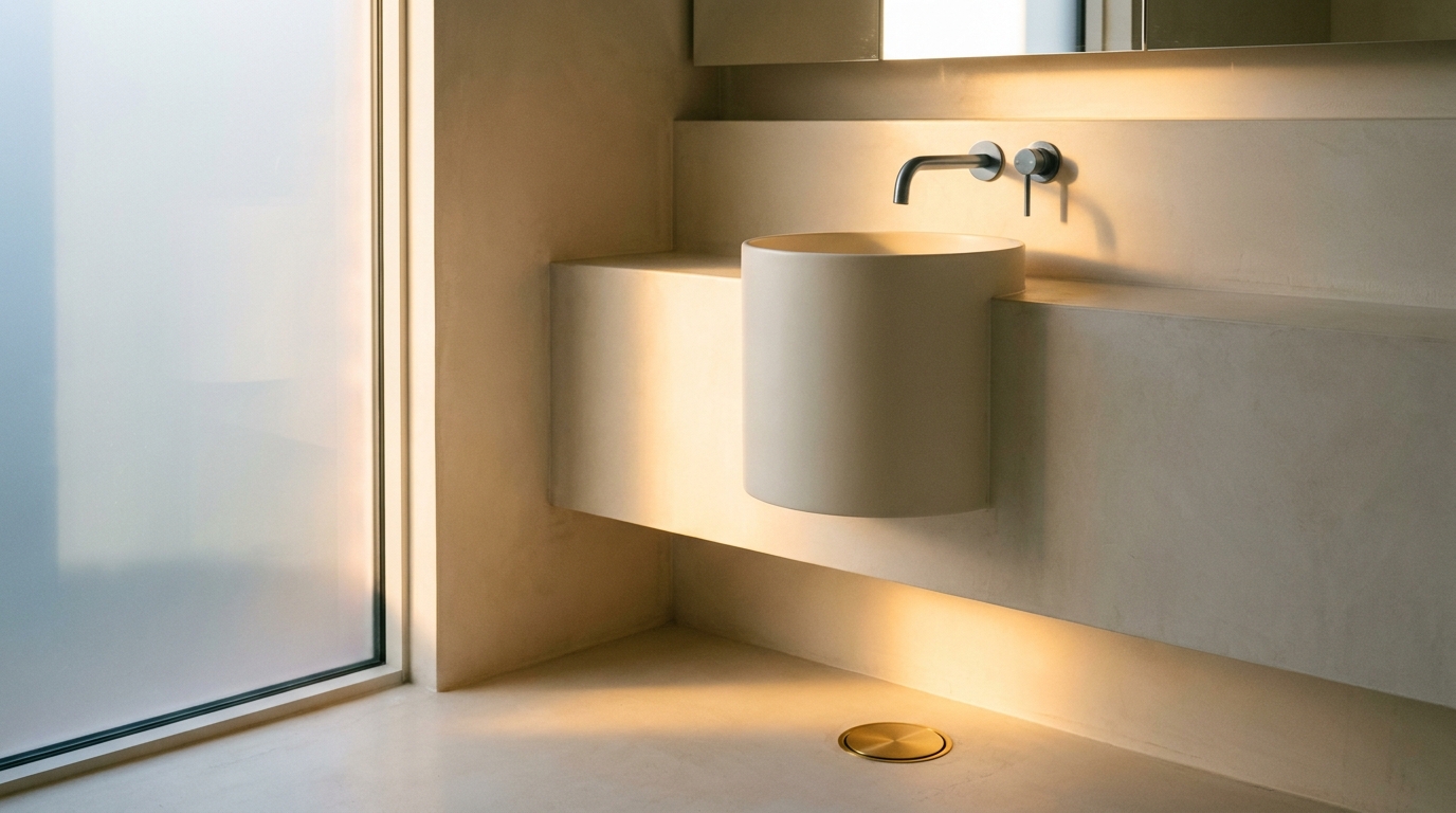 A finished inner-east Melbourne ensuite with a round basin, wall-mounted tapware and a brass floor waste, soft morning light