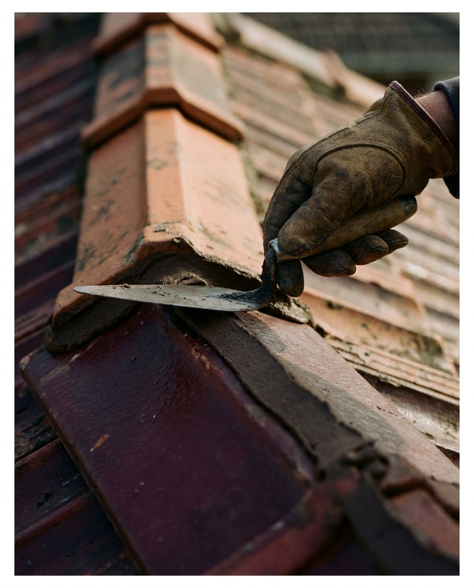 A roofer's gloved hand trowelling fresh flexible pointing along a terracotta ridge capping