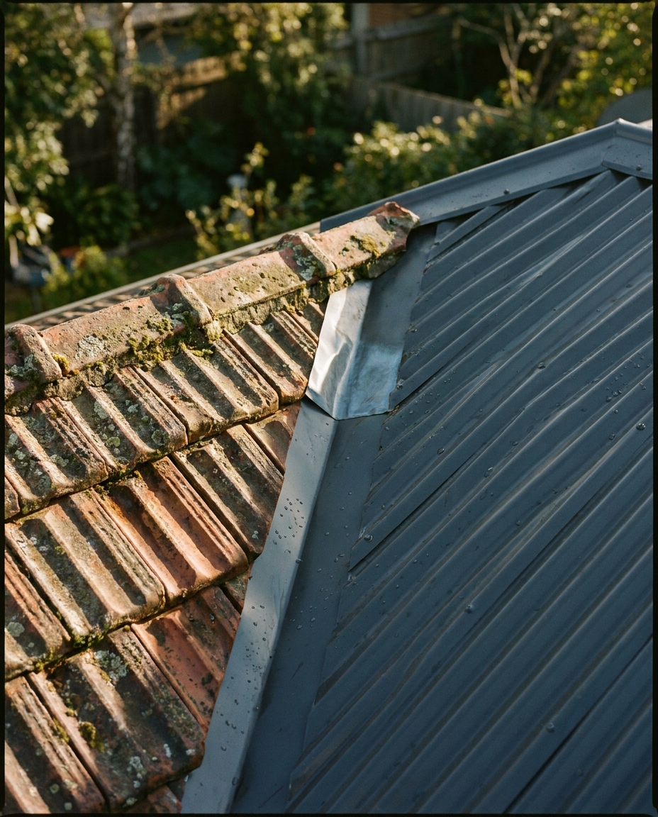 A freshly replaced section of charcoal Colorbond meeting an old terracotta tile line, new flashing folded into the valley, water beading after a test hose