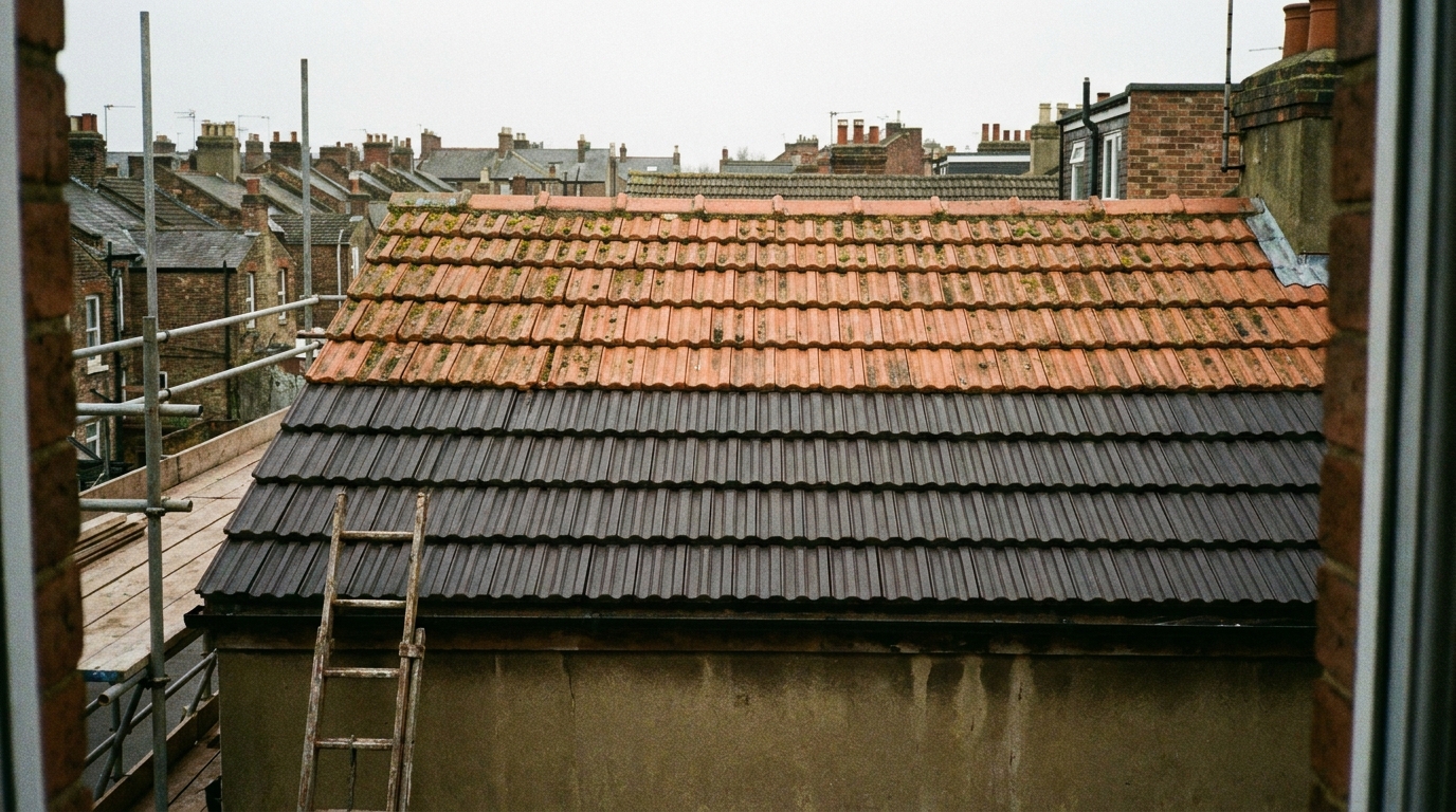 A roof mid-restoration: half the tiles cleaned and re-coated to a deep even tone, the other half faded and mossed, the line between old and new running across the frame