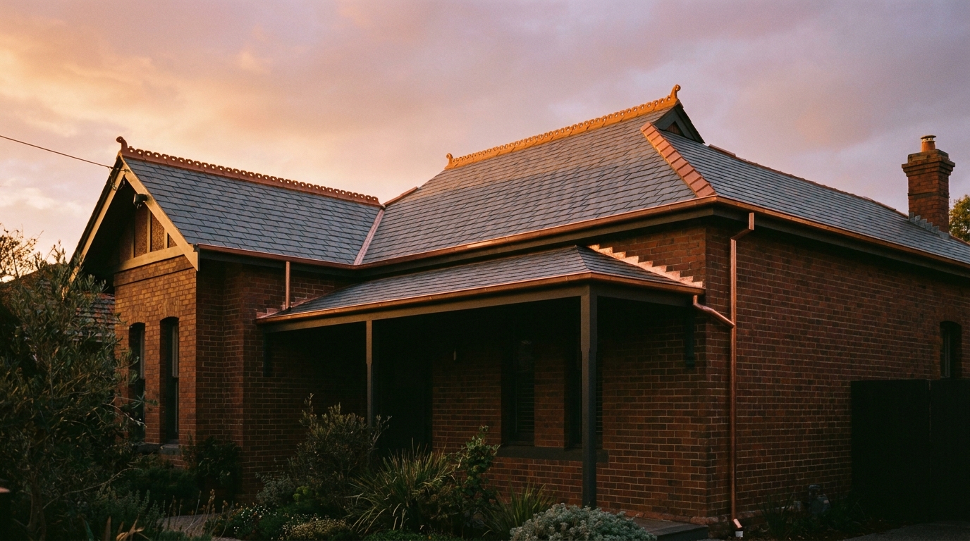 A finished restored roof on a heritage Hawthorn home at golden hour, crisp new guttering and downpipe line, clean ridge capping, calm sky after rain