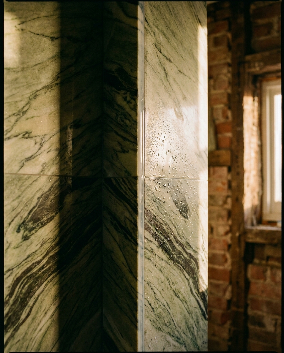 Freshly grouted feature wall of book-matched green-veined marble with a single clean silicone bead in the internal corner