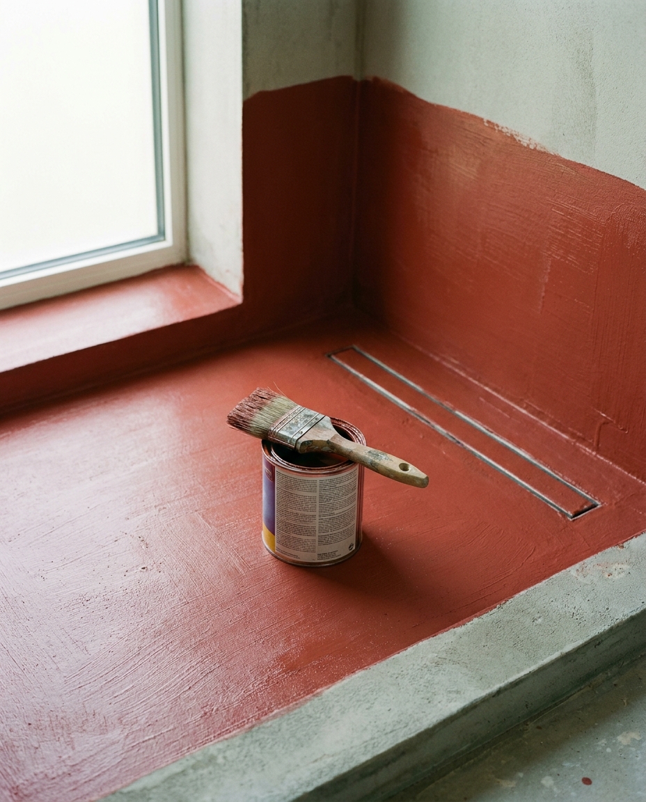 Terracotta-red waterproofing membrane brushed in even coats up a shower wall junction, falls screeded toward a linear drain