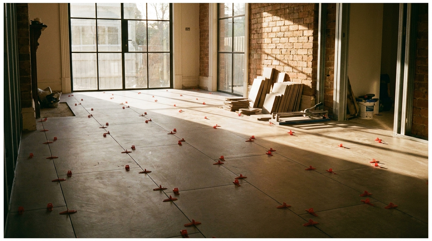 Large-format 600x1200 porcelain floor being laid flat in an open-plan Melbourne terrace with a levelling-clip system visible at the joints